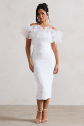 White Ruched Bardot Midi Dress With Organza Trim